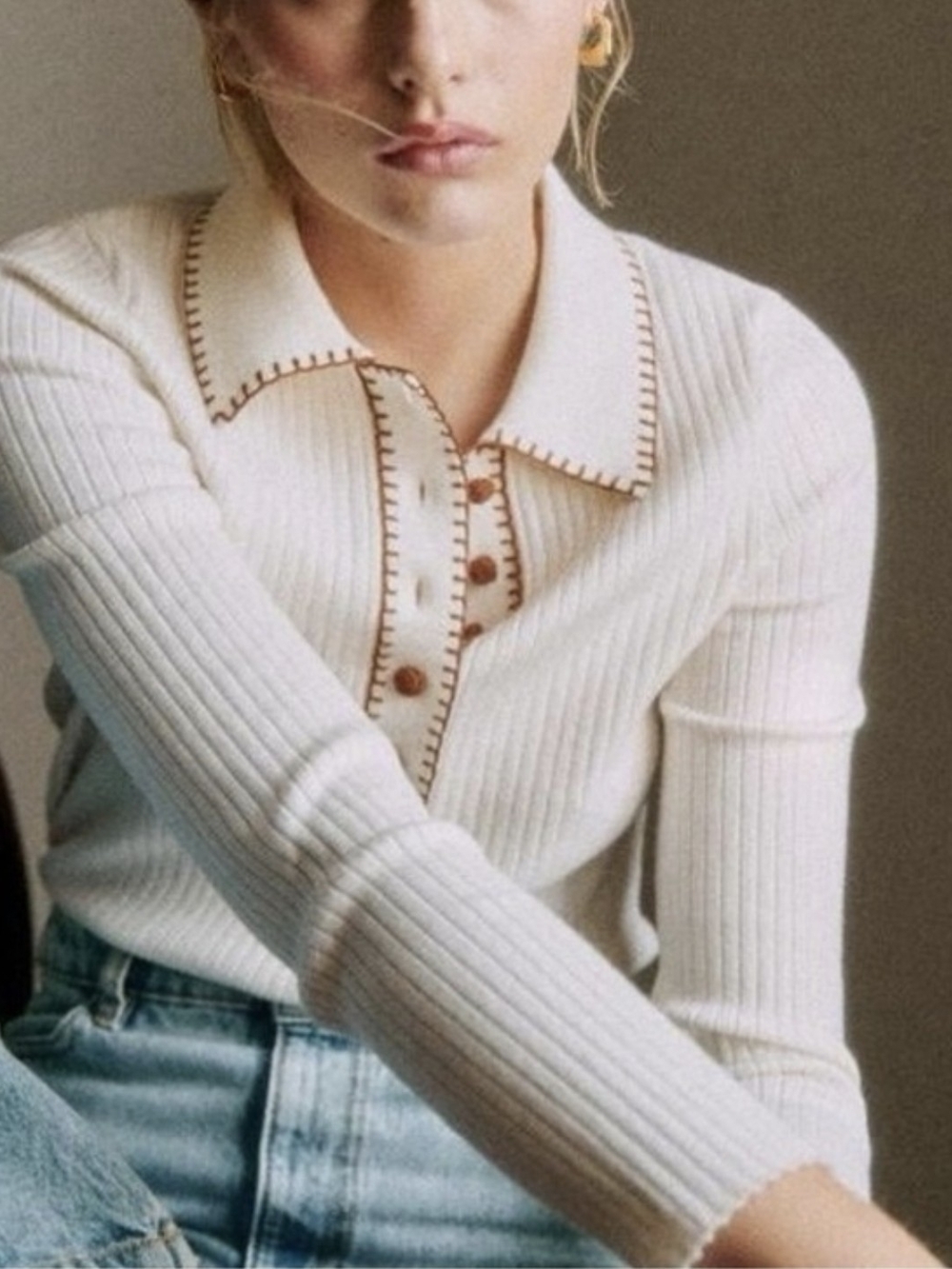 Sezane Cream Ribbed Long-Sleeve Polo with Brown Trim